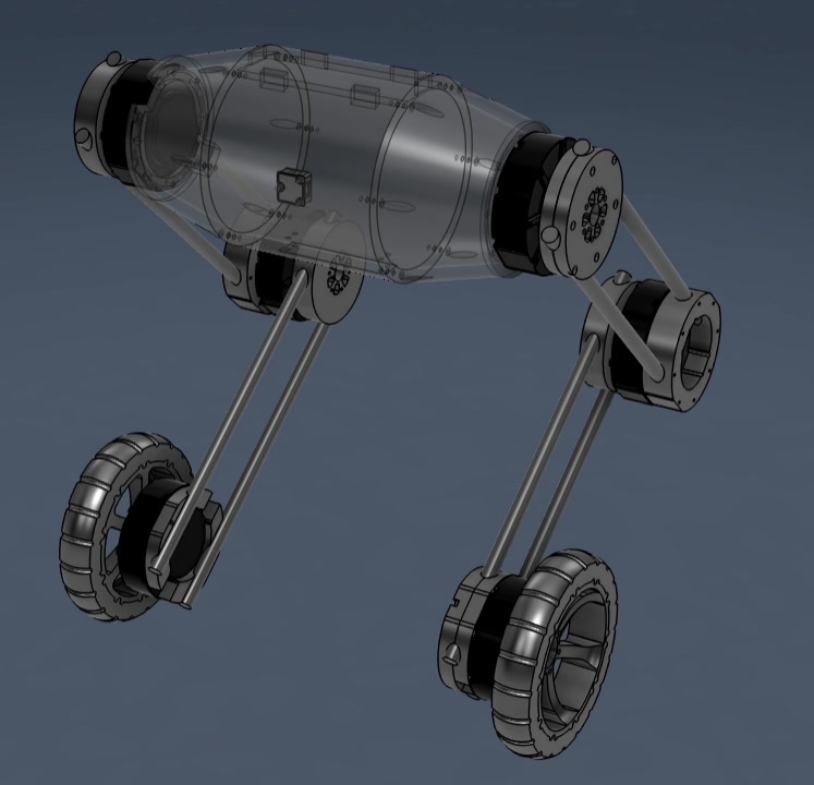 Fusion 360 assembly of Adroit: a capsule body on two linkage legs with treaded wheels